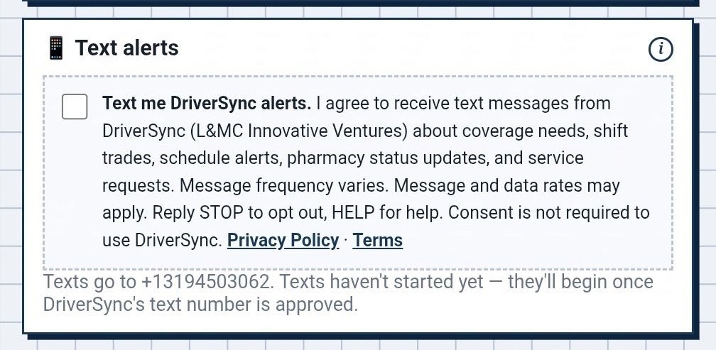 DrivrSync profile setup screen showing an unchecked, optional checkbox to receive text alerts, with the consent language quoted above.